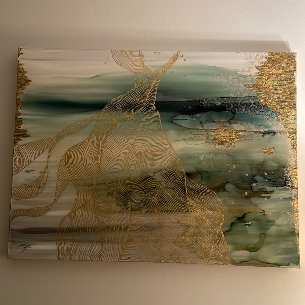 Acrylic Abstract Art Large Canvas Painting Gray,Blue, Green Gold Ikat